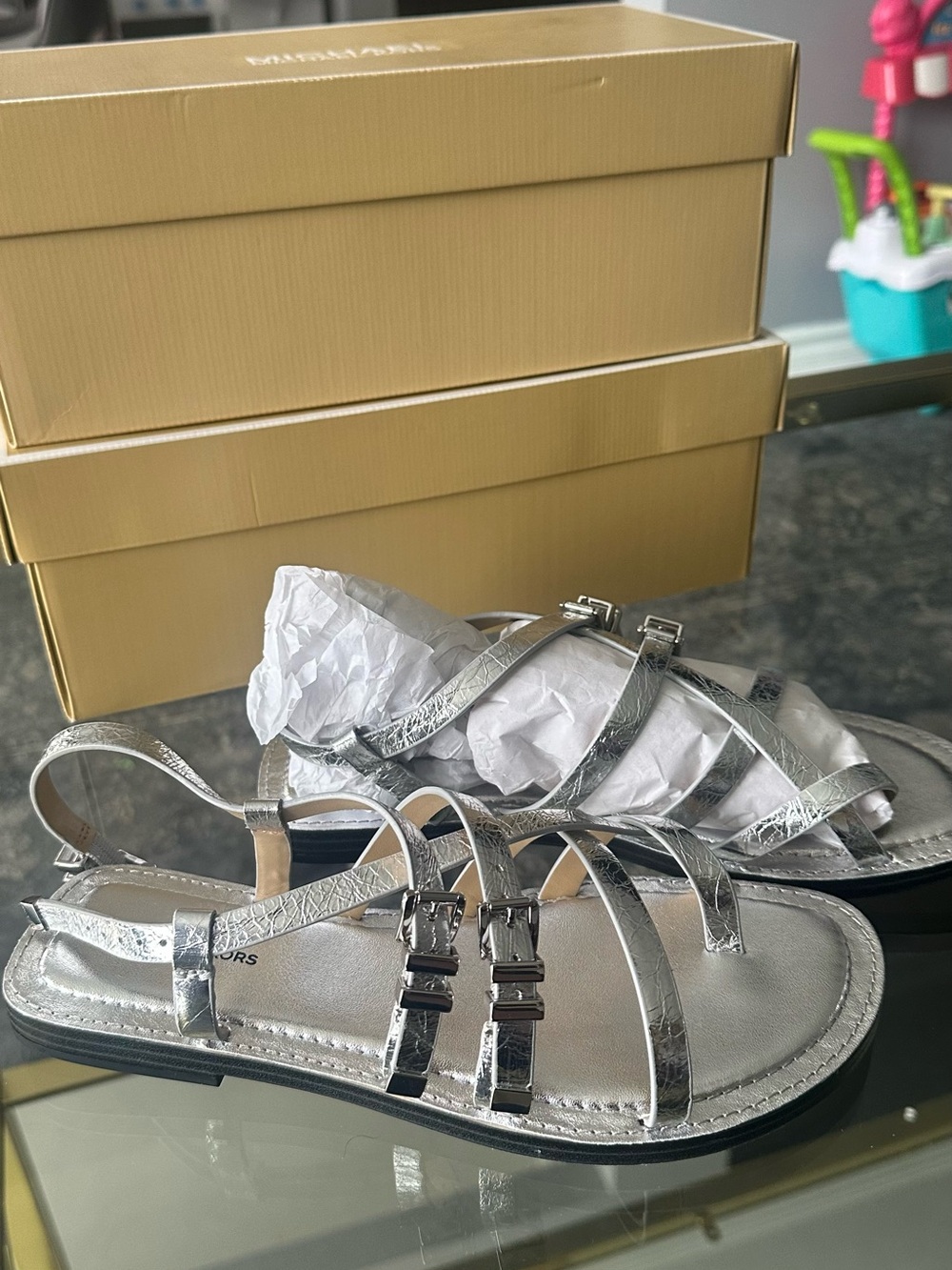 Michael Kors Metallic Silver Strappy Flat Sandals